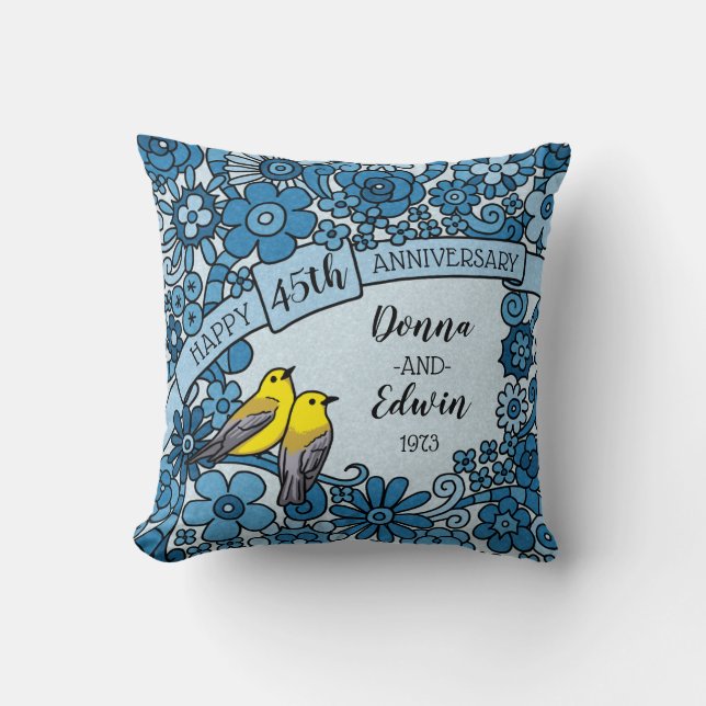 Personalised 45th Anniversary Sapphire Floral Bird Cushion (Front)