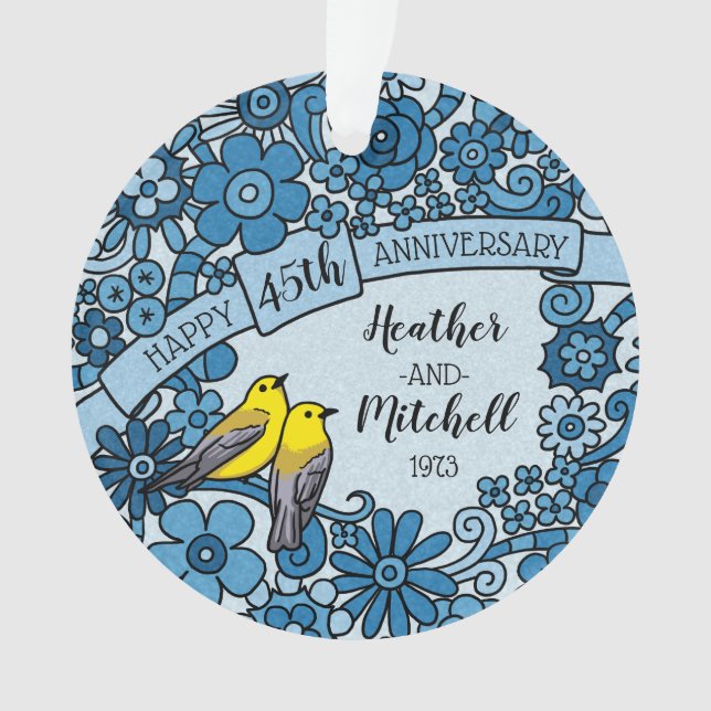 Personalised 45th Anniversary Sapphire Floral Bird Ornament (Front)