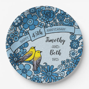 Personalised 45th Anniversary Sapphire Floral Bird Paper Plate