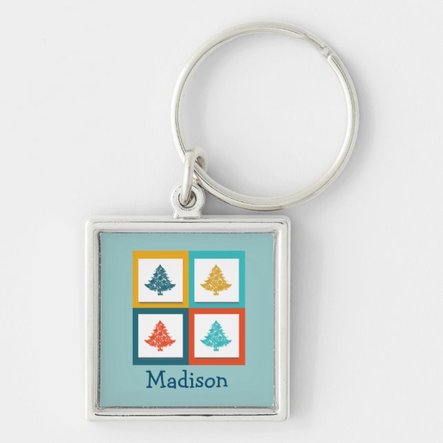 Personalised 4 Christmas Trees Retro Design Key Ring (Front)