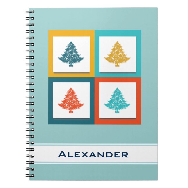 Personalised 4 Christmas Trees Retro Design Notebook (Front)
