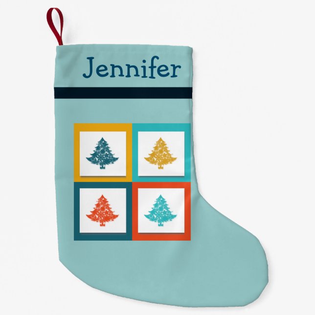 Personalised 4 Christmas Trees Retro Design Small Christmas Stocking (Front)
