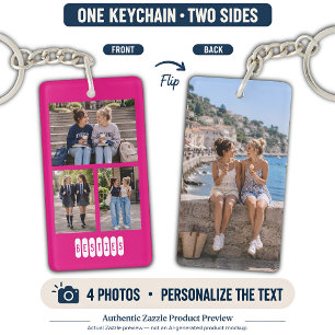 Personalised 4 Photo Collage Custom Word Hot Pink Key Ring