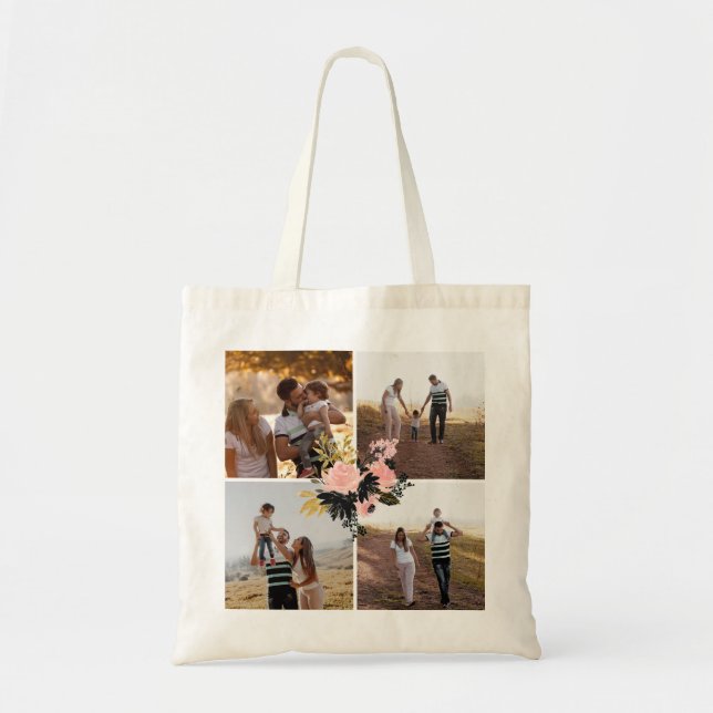 Personalised 4 Photo Collage Fancy Floral Tote Bag (Front)