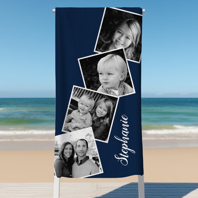 Personalised 4 Photo Collage Film Strip Navy Blue Beach Towel (Creator Uploaded)
