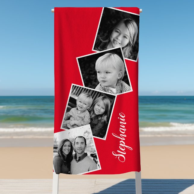 Personalised 4 Photo Collage Film Strip Red Beach Towel (Creator Uploaded)