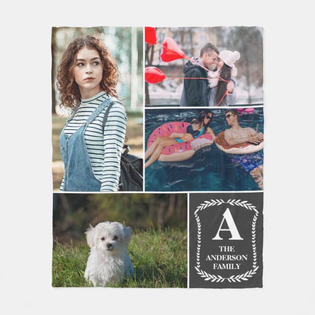 Personalised 4 Photo Collage Monogrammed & Named Fleece Blanket (Front)