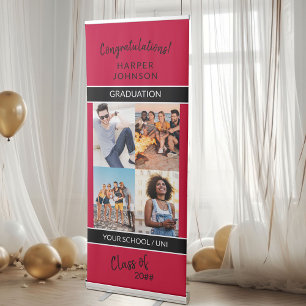 Personalised 4 Photo Collage Red Black Graduation Retractable Banner