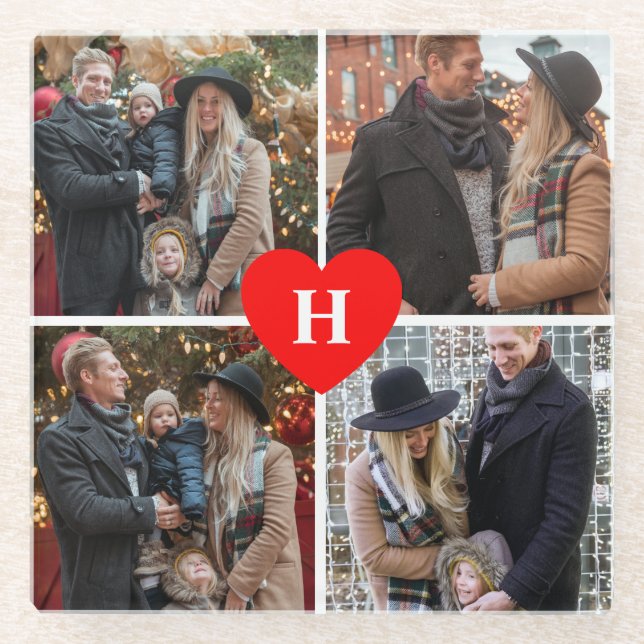 Personalised 4 Photo Collage Red Heart Monogrammed Glass Coaster (Front)