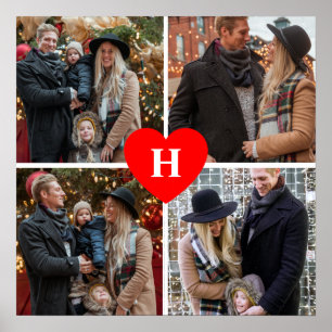 Personalised 4 Photo Collage Red Heart Monogrammed Poster