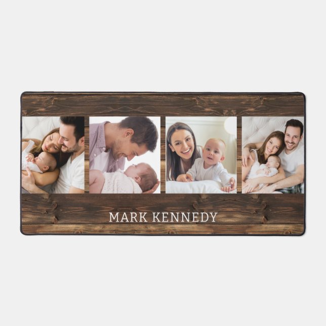 Personalised 4 Photo Collage Rustic Wood  Desk Mat (Front)