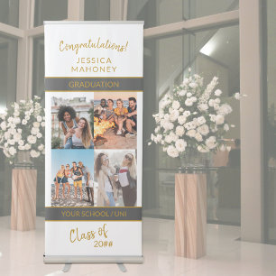 Personalised 4 Photo Collage White Gold Graduation Retractable Banner