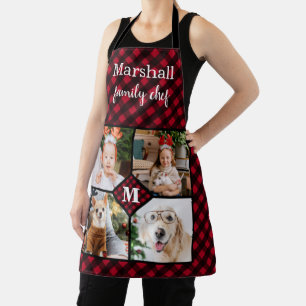 Personalised 4 Photo Monogram Red Buffalo Plaid Apron