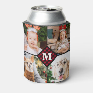Personalised 4 Photo Monogram Red Buffalo Plaid Can Cooler