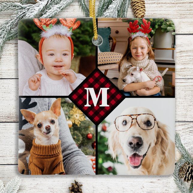 Personalised 4 Photo Monogram Red Buffalo Plaid Ceramic Ornament (Creator Uploaded)