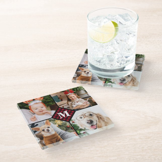 Personalised 4 Photo Monogram Red Buffalo Plaid Glass Coaster (Angled)