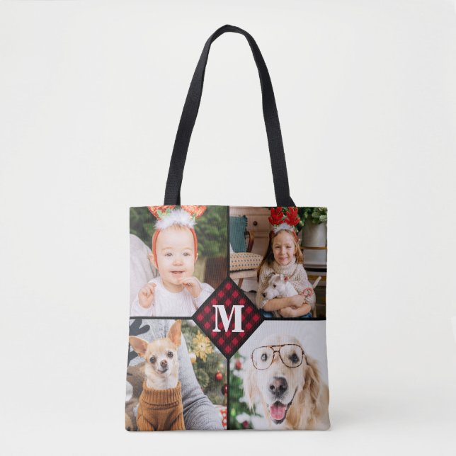 Personalised 4 Photo Monogram Red Buffalo Plaid Tote Bag (Front)
