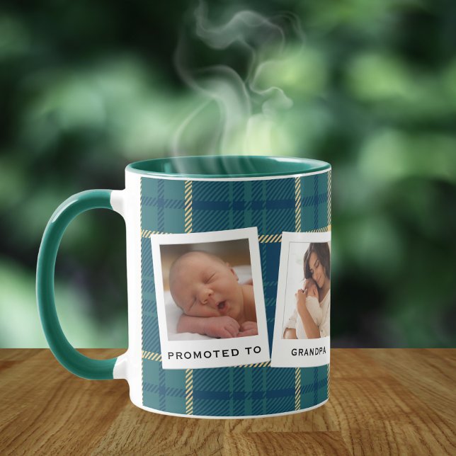 Personalised 4 Photo Promoted to Grandpa Plaid  Mug (Creator Uploaded)