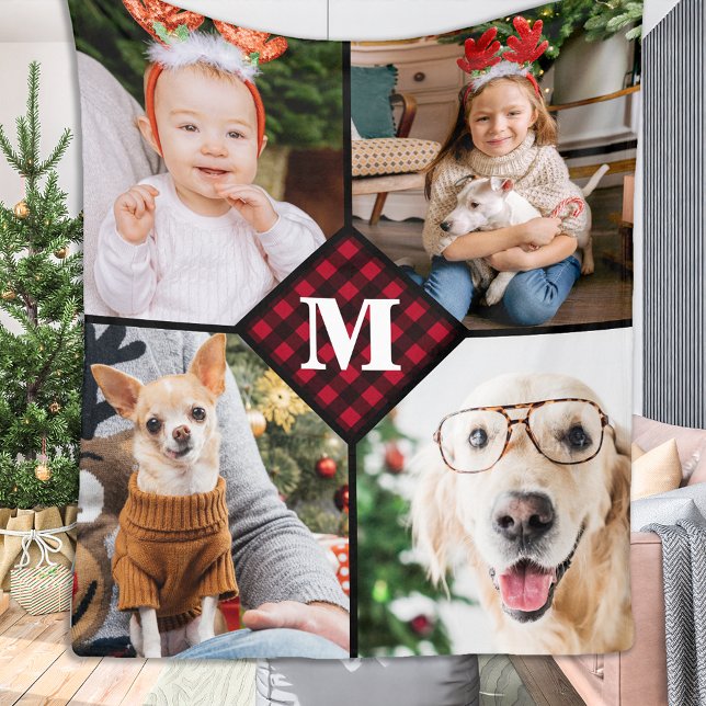 Personalised 4 Photo Red Buffalo Plaid Monogram Fleece Blanket (Creator Uploaded)