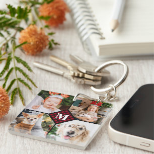 Personalised 4 Photo Red Buffalo Plaid Monogram  Key Ring