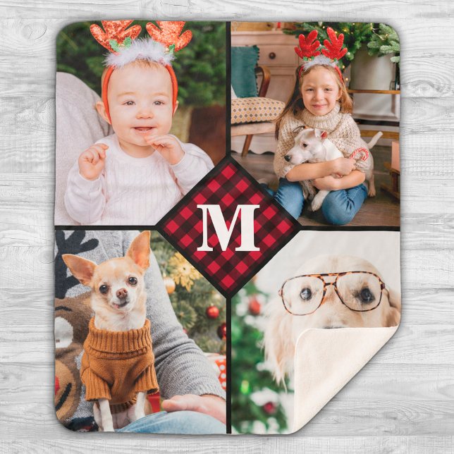 Personalised 4 Photo Red Buffalo Plaid Monogram Sherpa Blanket (Creator Uploaded)