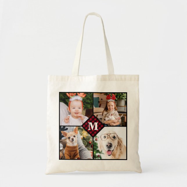 Personalised 4 Photo Red Buffalo Plaid Monogram    Tote Bag (Front)