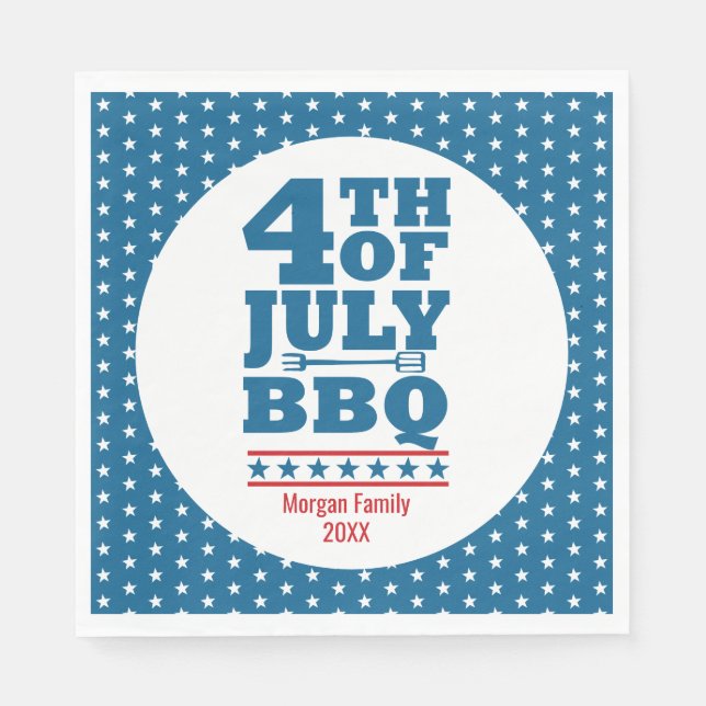 Personalised 4th of July BBQ Party Blue Star Napkin (Front)