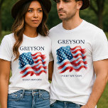 Personalised 4th of July Family Reunion Matching T-Shirt<br><div class="desc">Celebrate in style with these 4th of July men’s t-shirts, the perfect way to show off your patriotic spirit and create meaningful family reunion memorabilia. Featuring a bold American flag design and customisable with your family name, these shirts tie beautifully into classic family reunion themes and make gatherings extra special....</div>