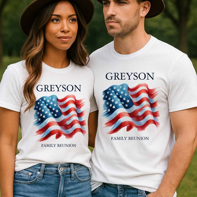 Personalised 4th of July Family Reunion Matching T-Shirt (A couple wearing matching American flag patriotic family reunion t shirts.)