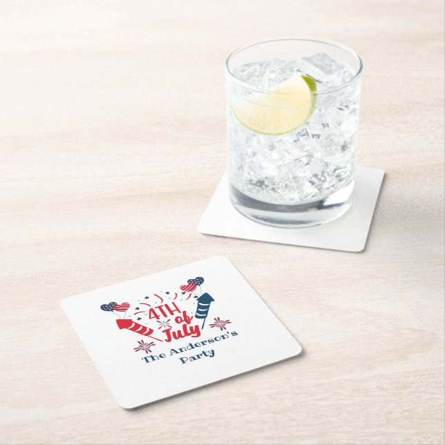 Personalised 4th of July Fireworks Red White Blue Square Paper Coaster (Insitu)