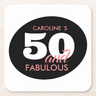 Personalised 50 And Fabulous Birthday Party Square Paper Coaster