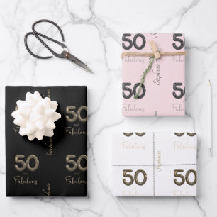 Personalised 50 and Fabulous Black Blush White  Wrapping Paper Sheet