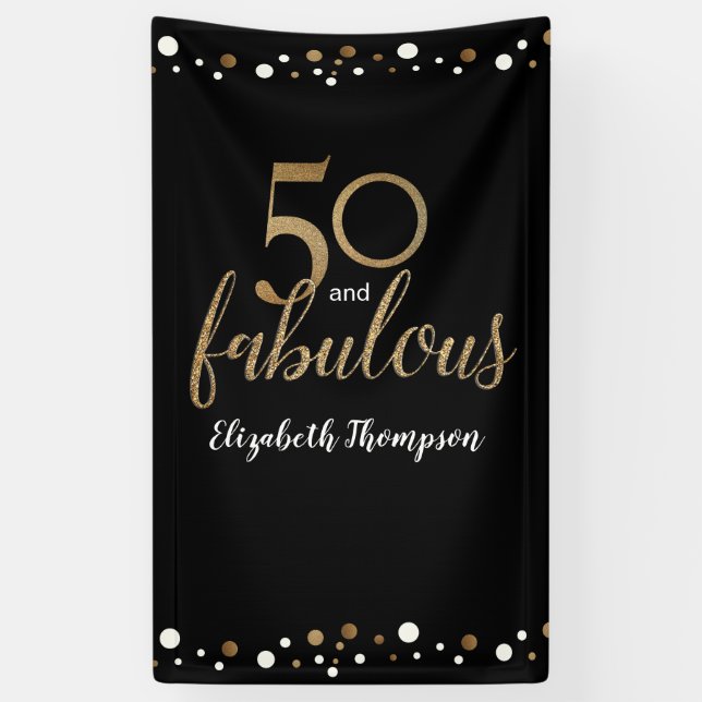 Personalised 50 and Fabulous Black gold confetti Banner (Vertical)