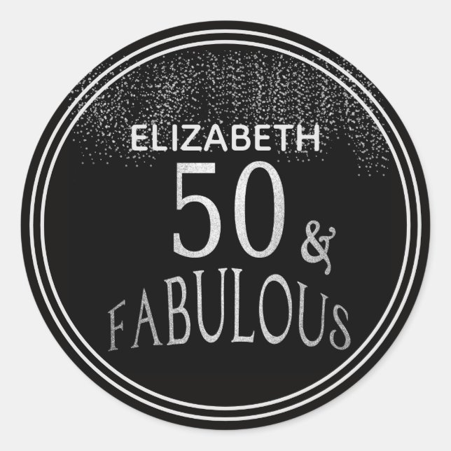 Personalised 50 and Fabulous Black Silver Glitter Classic Round Sticker (Front)
