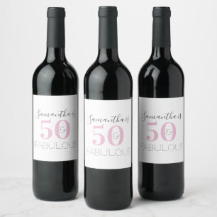 Personalised 50 and fabulous Modern Pink Birthday Wine Label
