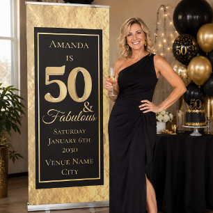 Personalised 50 & Fabulous Gold Birthday Retractable Banner
