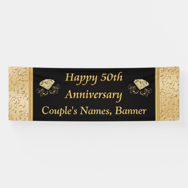 Personalised 50th Anniversary Banner, Black, Gold Banner (Horizontal)
