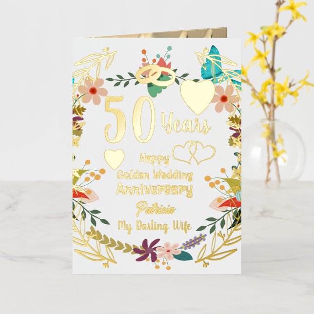 Personalised 50th Anniversary Floral And Gold Foil Greeting Card (Yellow Flower)