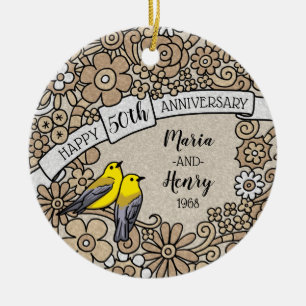Personalised 50th Anniversary, Gold Floral Birds Ceramic Tree Decoration