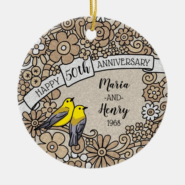 Personalised 50th Anniversary, Gold Floral Birds Ceramic Tree Decoration (Front)