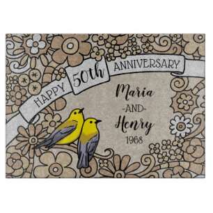 Personalised 50th Anniversary, Gold Floral Birds Cutting Board