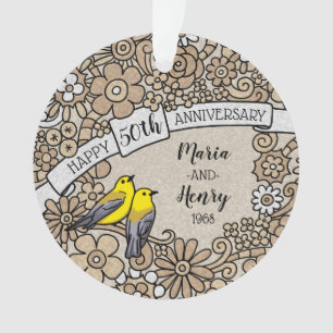 Personalised 50th Anniversary, Gold Floral Birds Ornament