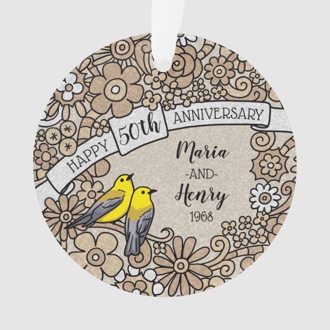 Personalised 50th Anniversary, Gold Floral Birds Ornament (Front)