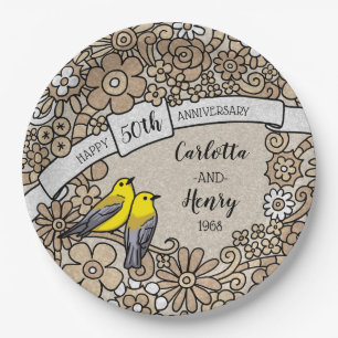 Personalised 50th Anniversary, Gold Floral Birds Paper Plate