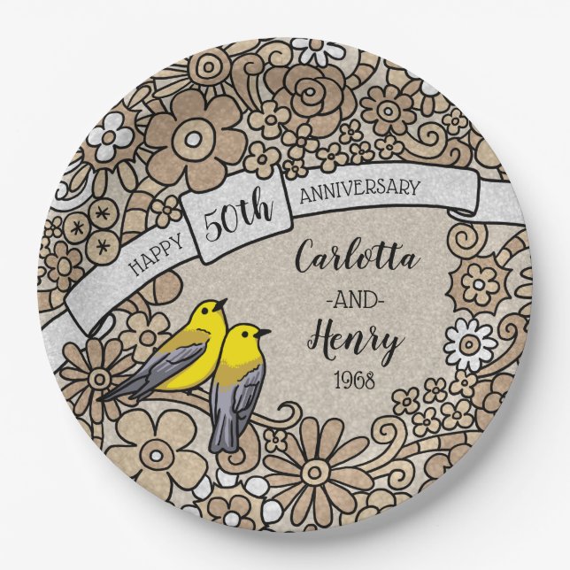 Personalised 50th Anniversary, Gold Floral Birds Paper Plate (Front)