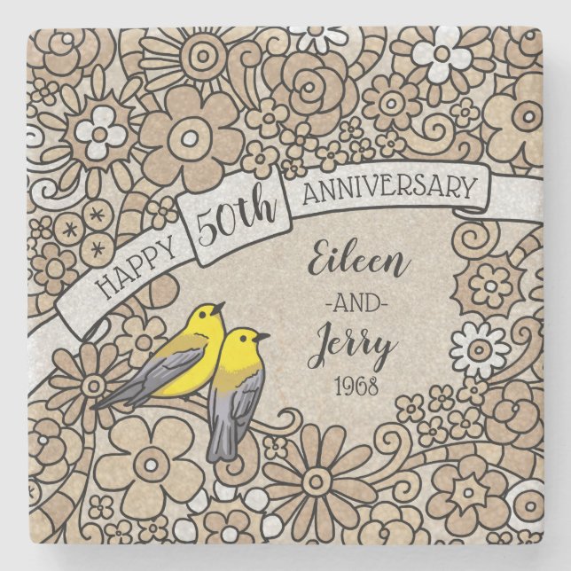 Personalised 50th Anniversary, Gold Floral Birds Stone Coaster (Front)