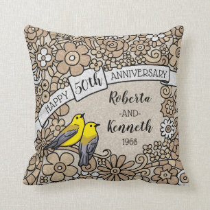 Personalised 50th Anniversary, Golden Floral Birds Cushion
