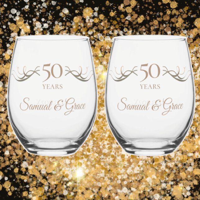 Personalised 50th Anniversary Keepsake Custom Gift Stemless Wine Glass (Customize 50th anniversary keepsake template with couples names, date, and any year anniversary gift)