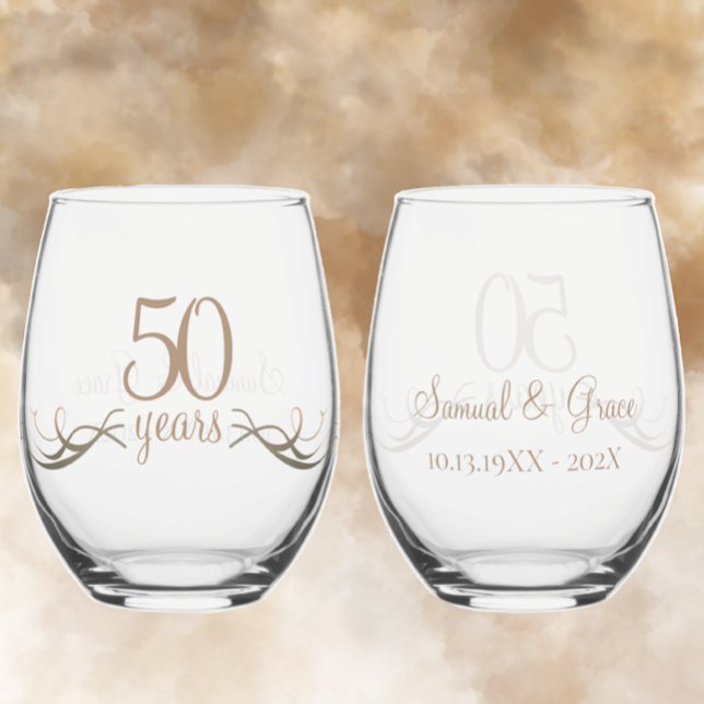 Personalised 50th Anniversary Keepsake Custom Gift Stemless Wine Glass (Personalize with couples names and date creating a unique custom 50th anniversary keepsake gift 
)