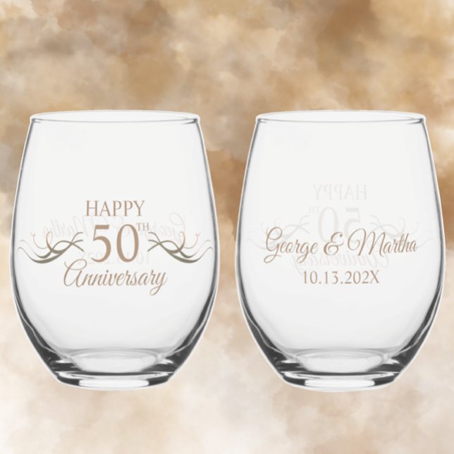 Personalised 50th Anniversary Keepsake Custom Gift Stemless Wine Glass (Add couples names and anniversary date for a beautiful unique custom 50th wedding anniversary gift
)